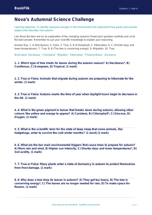 Autumn Science Quiz for Class 4 | CBSE Science Worksheet | BookFlik worksheet preview — Science Autumn Science