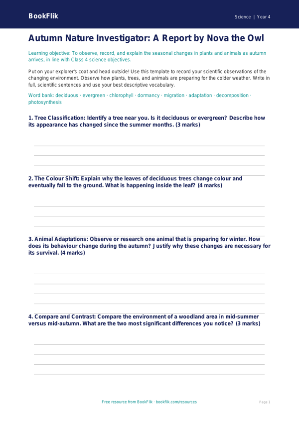 Autumn Science Template for Class 4 | CBSE Science Resources | BookFlik worksheet preview — Science Autumn Science