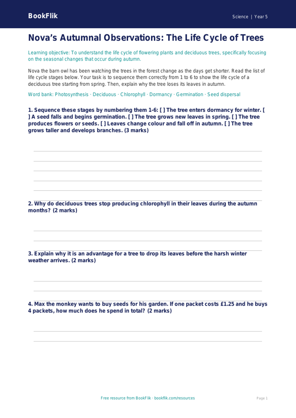Free Autumn Science Activity Sheet | Class 5 | Science | BookFlik worksheet preview — Science Autumn Science