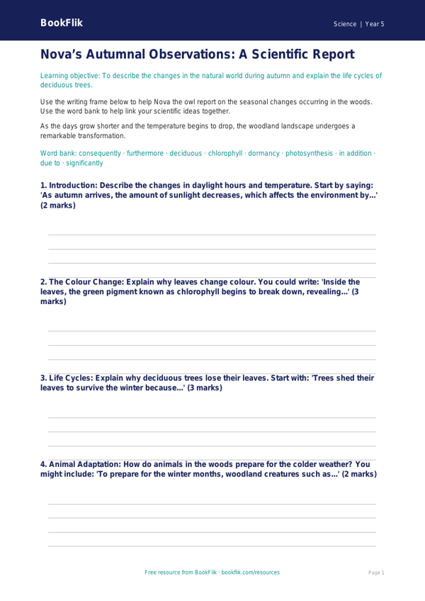 Autumn Science Writing Frame | Class 5 Science Worksheet | BookFlik worksheet preview — Science Autumn Science