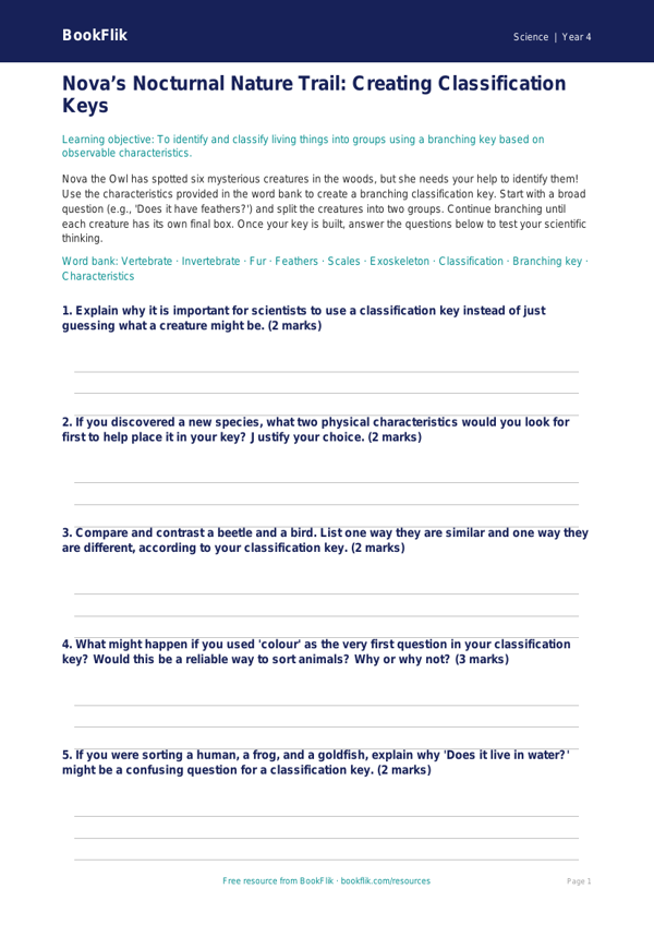 Free Classification Keys Activity Sheet | Class 4 | Science | BookFlik worksheet preview — Science Classification Keys