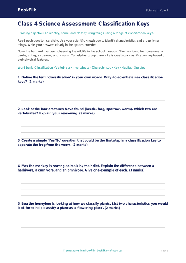 Science classification keys assessment class 4 core worksheet preview — Science Classification Keys