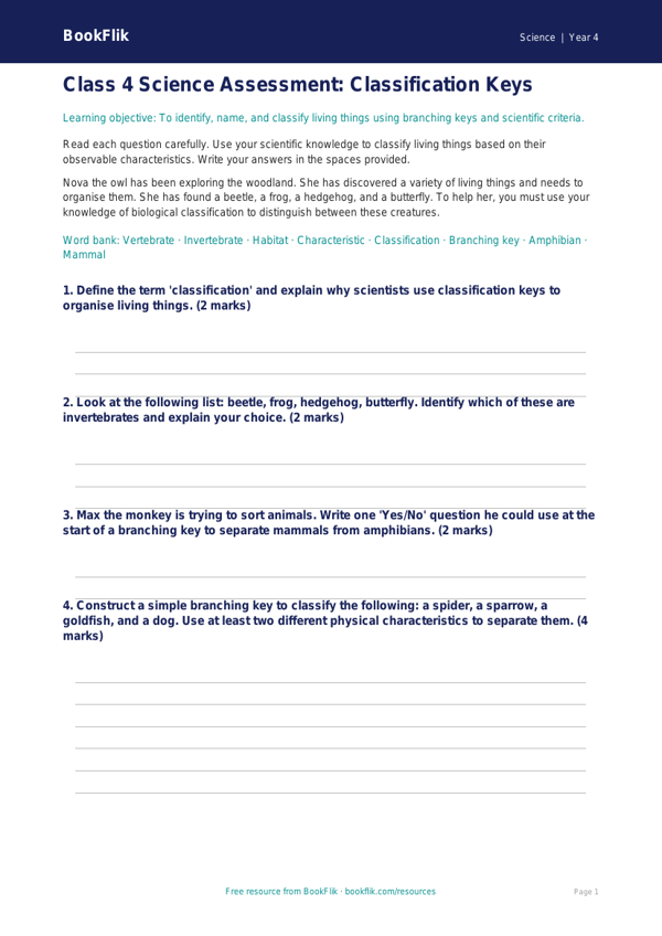 Free Classification Keys Assessment | Class 4 | Science | BookFlik worksheet preview — Science Classification Keys