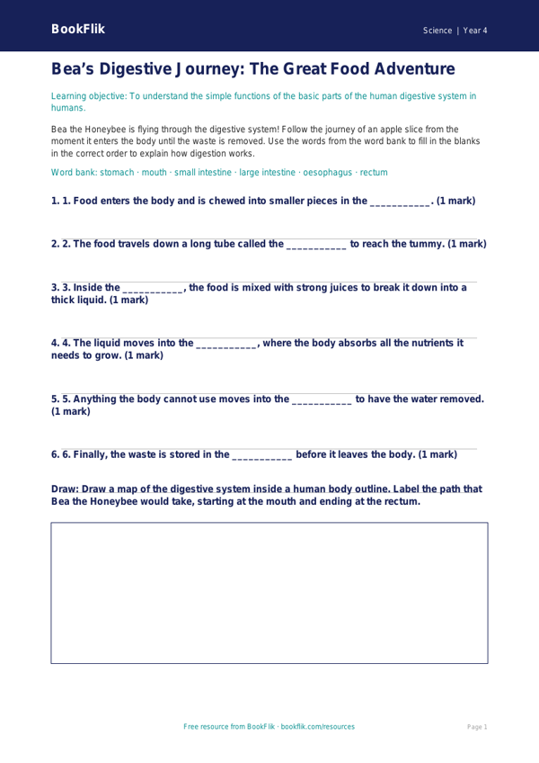 Free Digestion Activity Sheet | Class 4 | Science | BookFlik worksheet preview — Science Digestion
