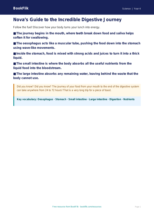 Free Digestion Poster | Class 4 | Science | BookFlik worksheet preview — Science Digestion