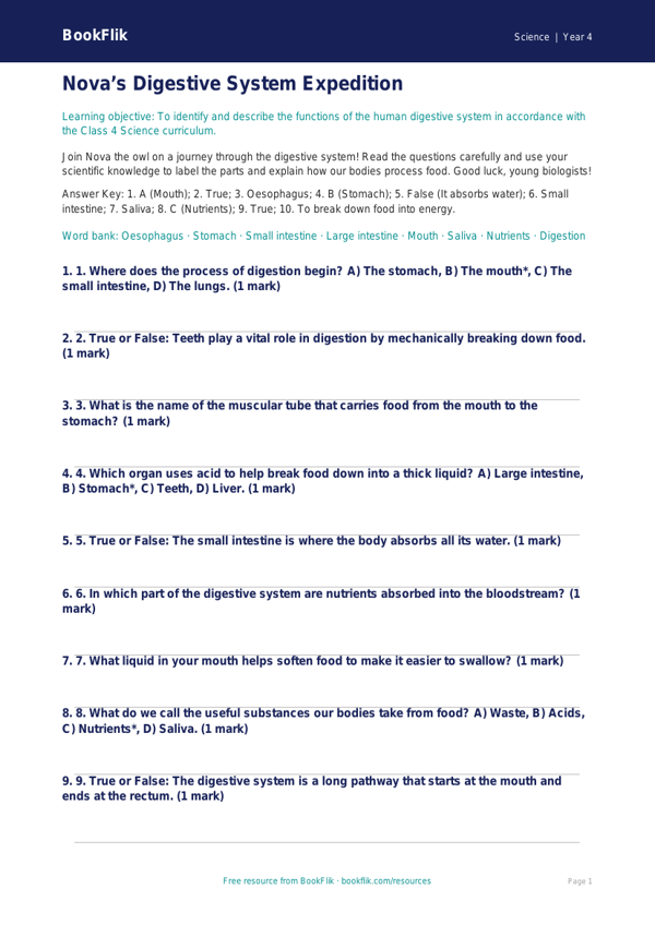 Digestion Quiz for Class 4 Science | CBSE Curriculum | BookFlik worksheet preview — Science Digestion