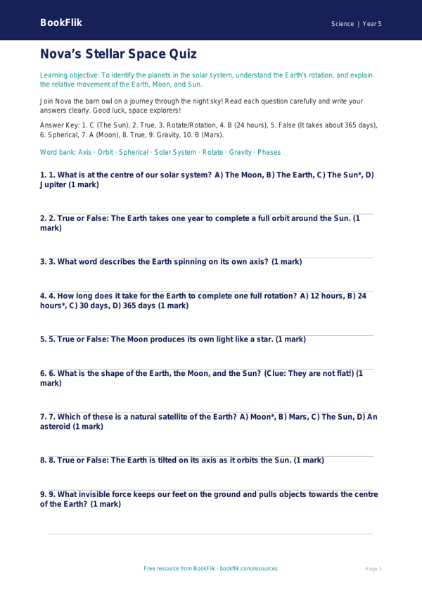 Free Earth And Space Quiz | Class 5 | Science | BookFlik worksheet preview — Science Earth And Space