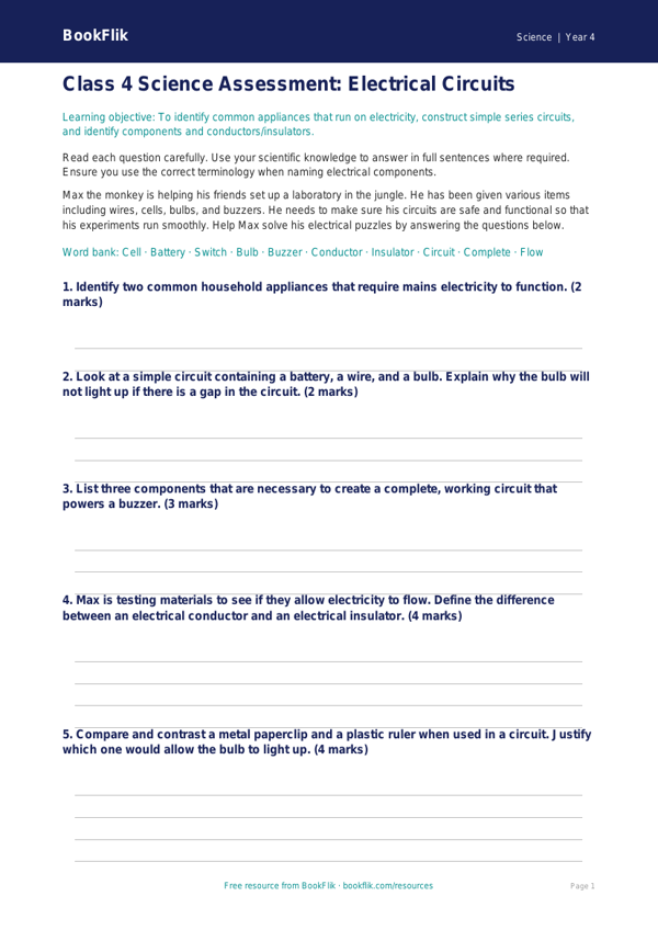 Science electricity assessment class 4 greater depth worksheet preview — Science Electricity