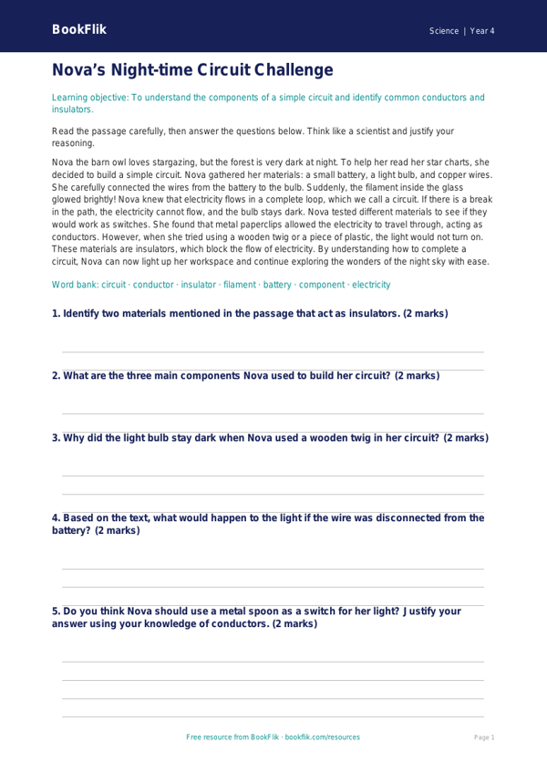 Electricity Comprehension Worksheet | Class 4 Science | BookFlik worksheet preview — Science Electricity