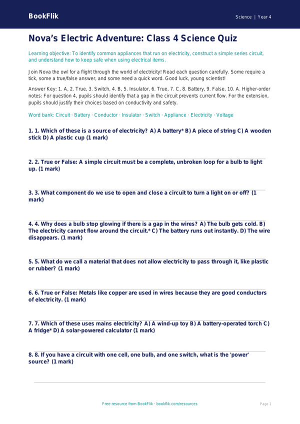 Free Electricity Quiz | Class 4 | Science | BookFlik worksheet preview — Science Electricity