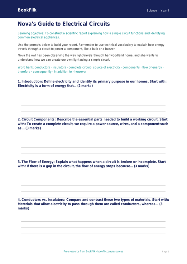 Free Electricity Writing Frame | Class 4 | Science | BookFlik worksheet preview — Science Electricity