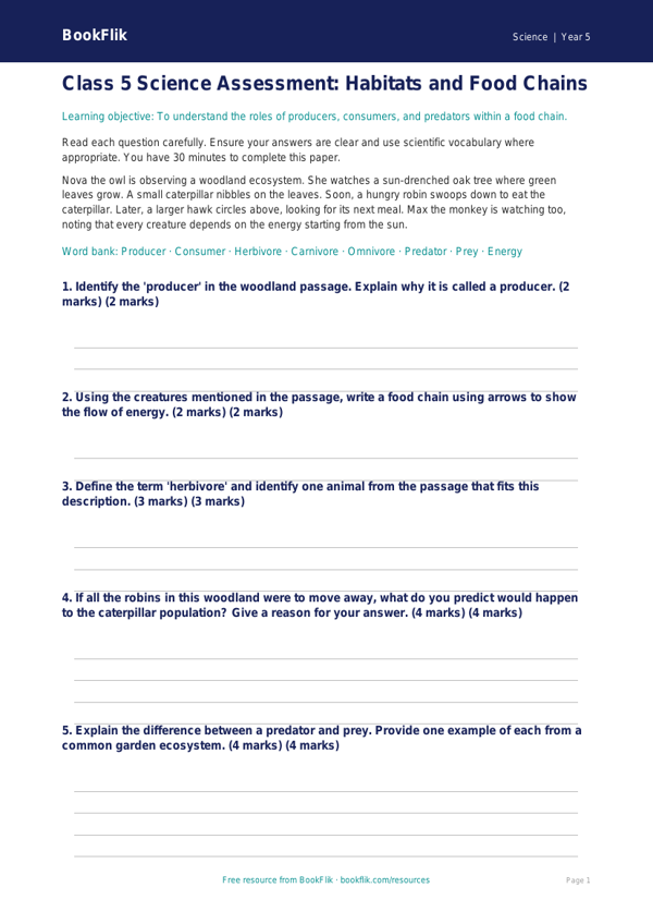 Free Food Chains Assessment | Class 5 | Science | BookFlik worksheet preview — Science Food Chains