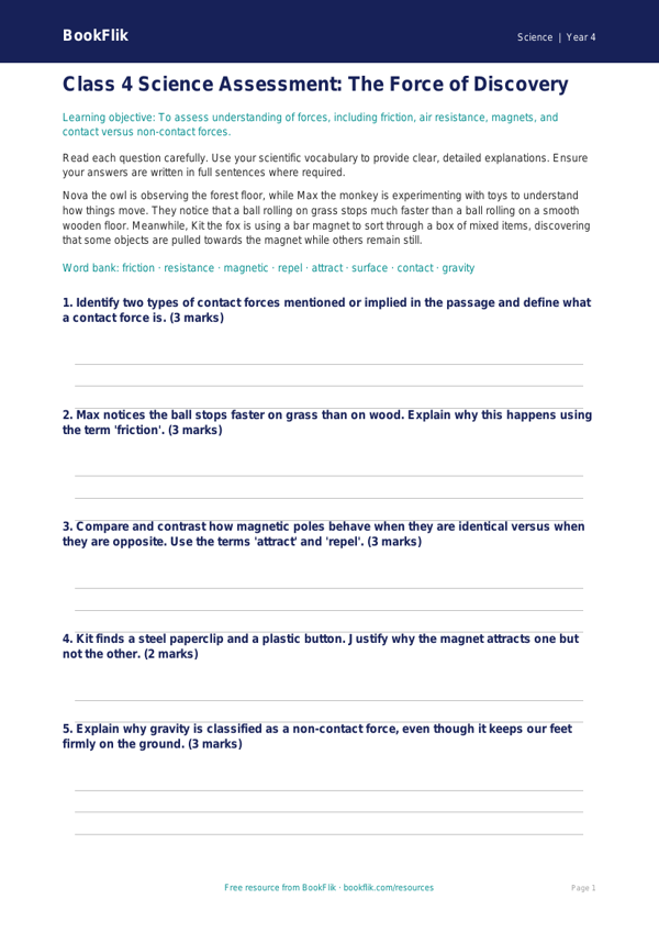 Free Forces Assessment | Class 4 | Science | BookFlik worksheet preview — Science Forces