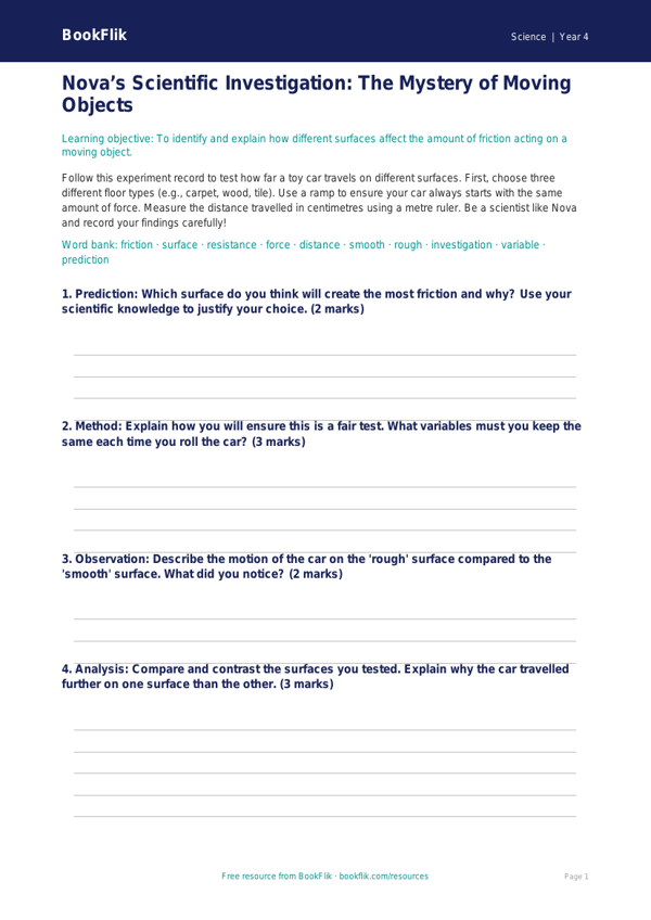 Free Forces Template | Class 4 | Science | BookFlik worksheet preview — Science Forces