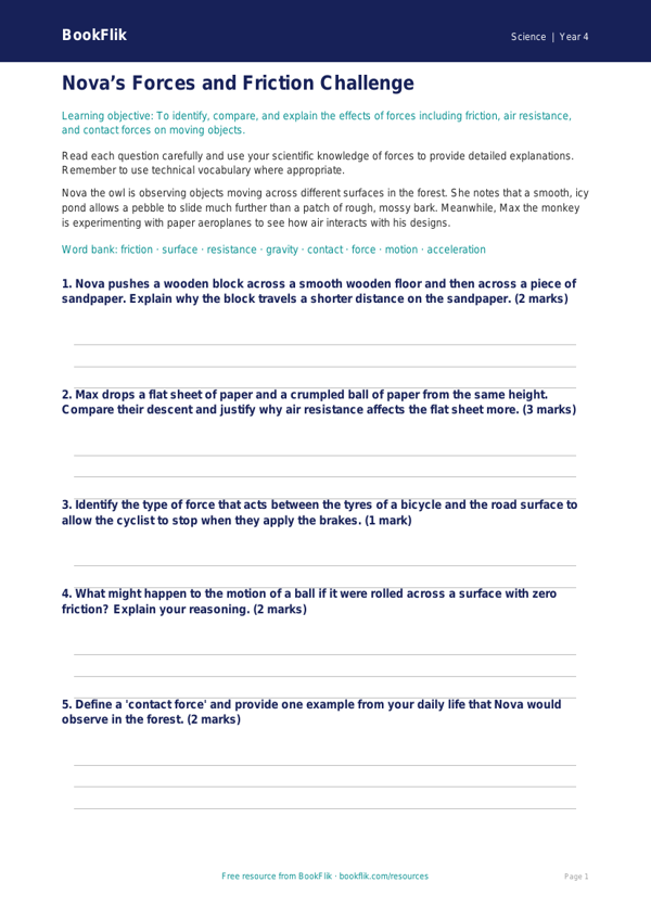Free Forces Worksheet | Class 4 | Science | BookFlik worksheet preview — Science Forces