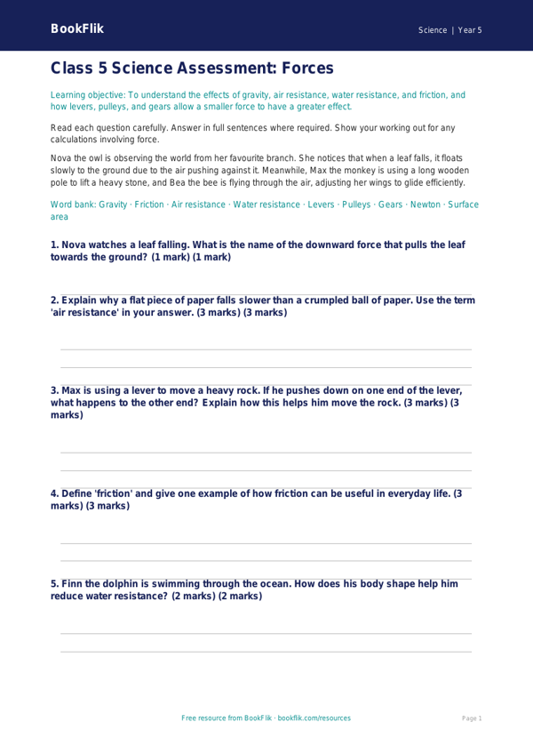 Free Forces Assessment | Class 5 | Science | BookFlik worksheet preview — Science Forces