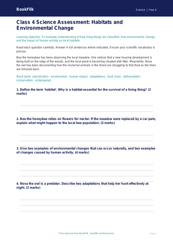 Free Habitats Assessment | Class 4 | Science | BookFlik worksheet preview — Science Habitats