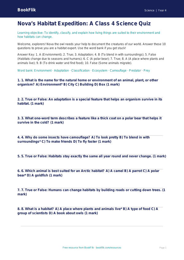 Free Habitats Quiz | Class 4 | Science | BookFlik worksheet preview — Science Habitats
