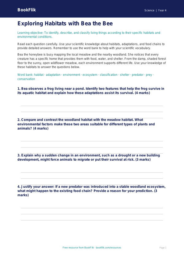 Free Habitats Worksheet | Class 4 | Science | BookFlik worksheet preview — Science Habitats