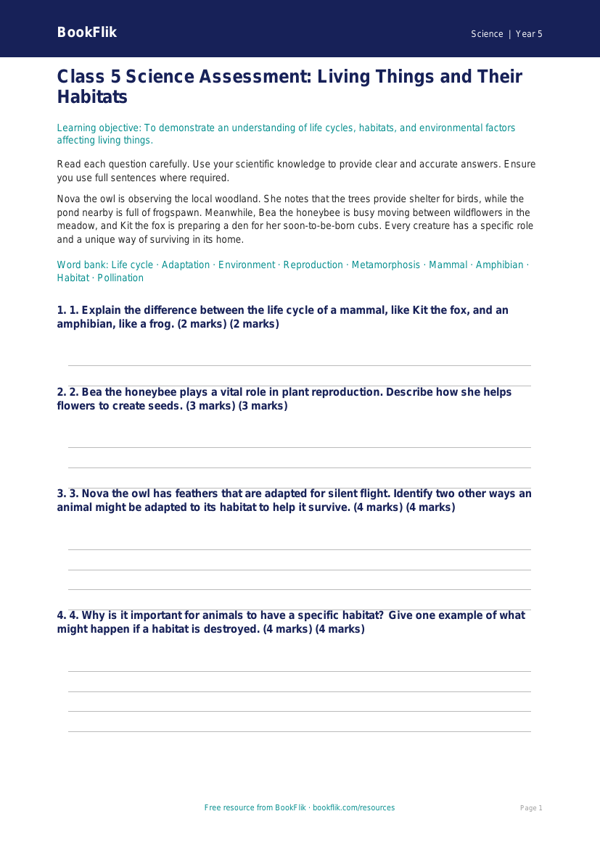 Free Habitats Assessment | Class 5 | Science | BookFlik worksheet preview — Science Habitats