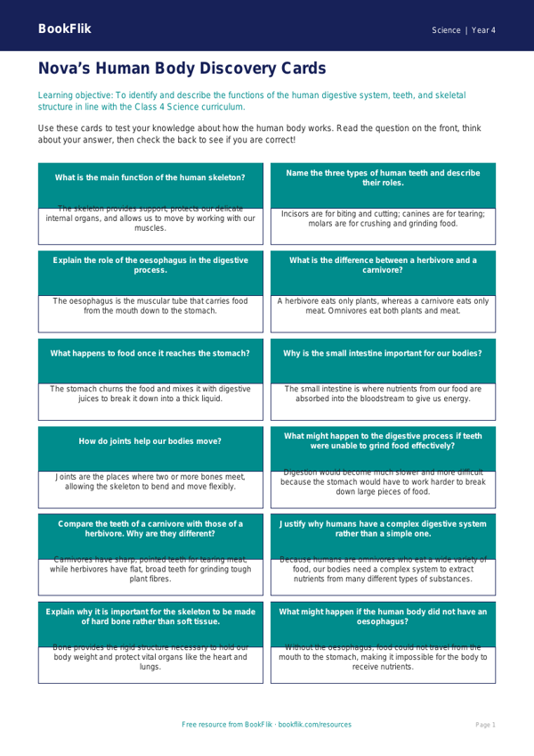 Human Body Flashcards for Class 4 Science | CBSE Curriculum | BookFlik worksheet preview — Science Human Body