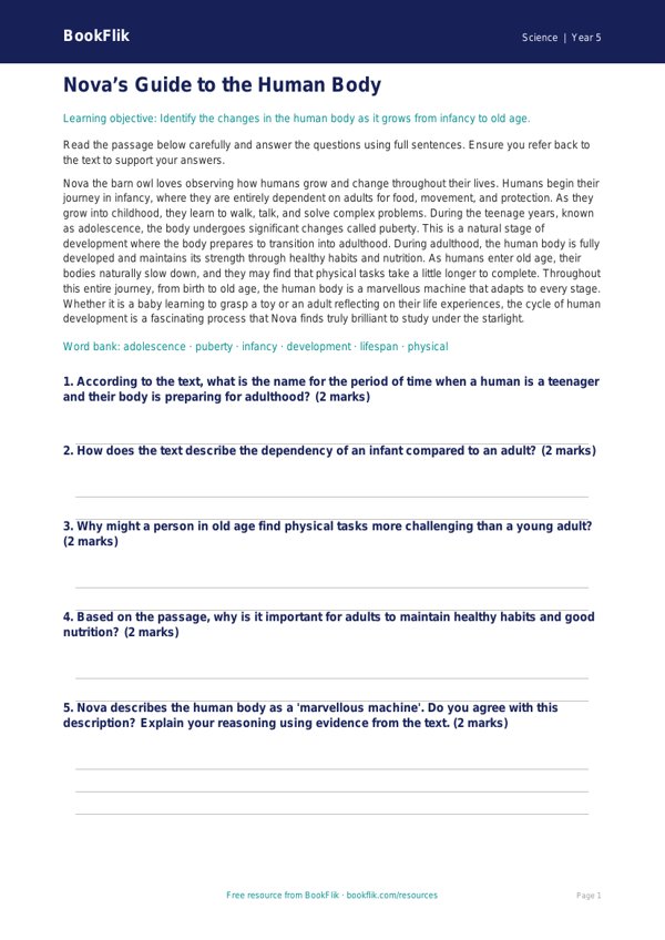 Human Body Comprehension for Class 5 | CBSE Science Worksheet worksheet preview — Science Human Body