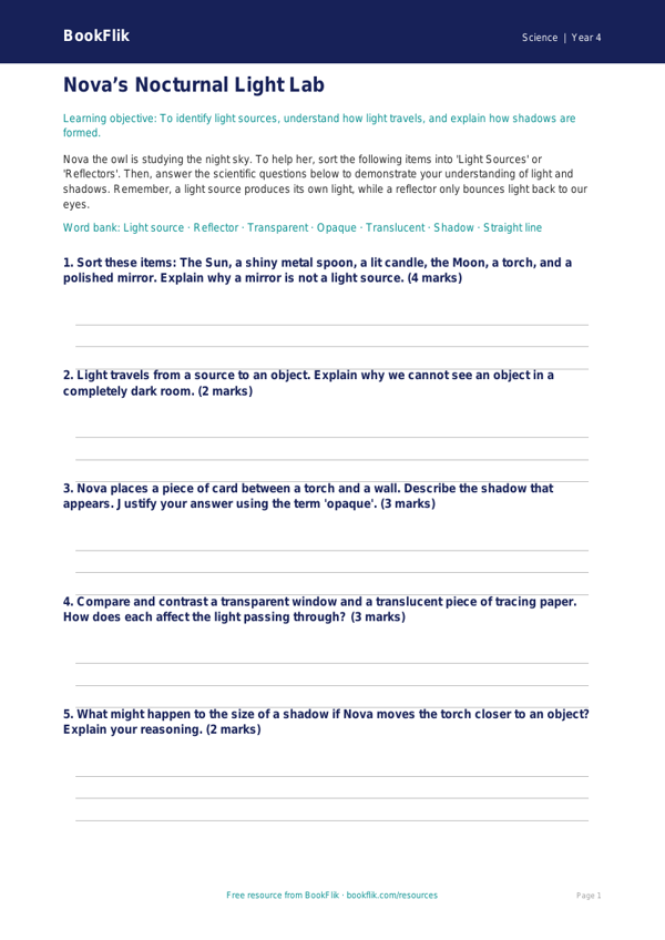 Free Light Activity Sheet | Class 4 | Science | BookFlik worksheet preview — Science Light
