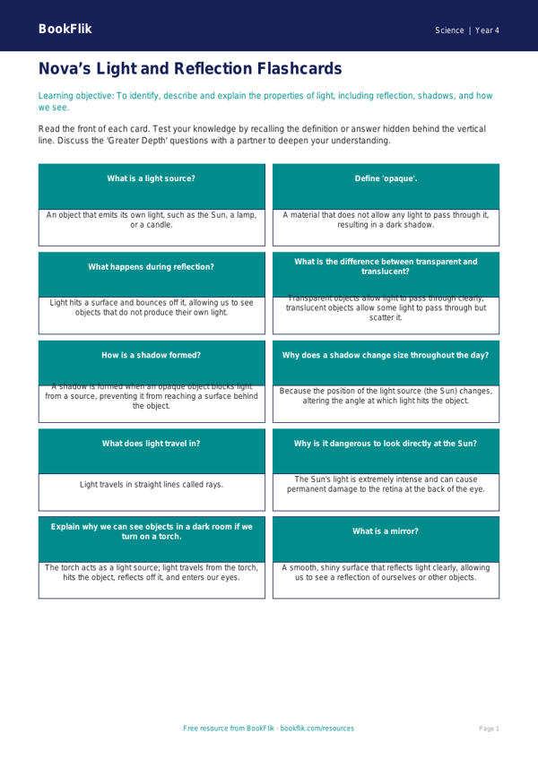 Science light flashcards class 4 greater depth worksheet preview — Science Light