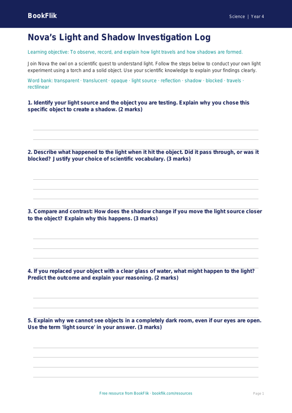 Light and Shadows Science Worksheet | Class 4 | CBSE | BookFlik worksheet preview — Science Light