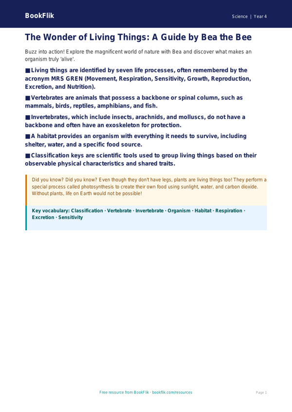 Free Living Things Poster | Class 4 | Science | BookFlik worksheet preview — Science Living Things