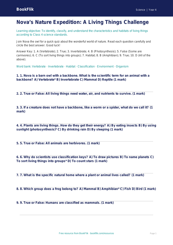 Free Living Things Quiz | Class 4 | Science | BookFlik worksheet preview — Science Living Things