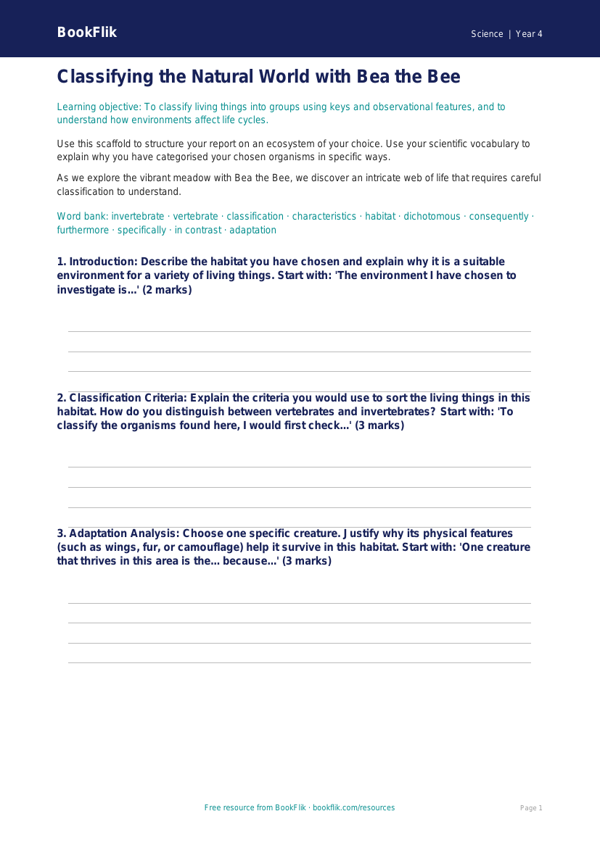 Free Living Things Writing Frame | Class 4 | Science | BookFlik worksheet preview — Science Living Things