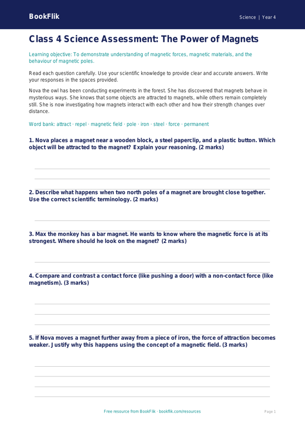 Free Magnets Assessment | Class 4 | Science | BookFlik worksheet preview — Science Magnets