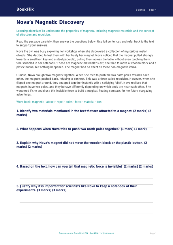 Free Magnets Comprehension | Class 4 | Science | BookFlik worksheet preview — Science Magnets