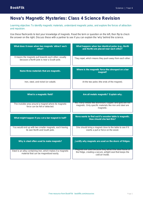 Free Magnets Flashcards | Class 4 | Science | BookFlik worksheet preview — Science Magnets