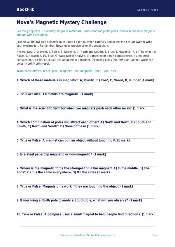 Free Magnets Quiz | Class 4 | Science | BookFlik worksheet preview — Science Magnets