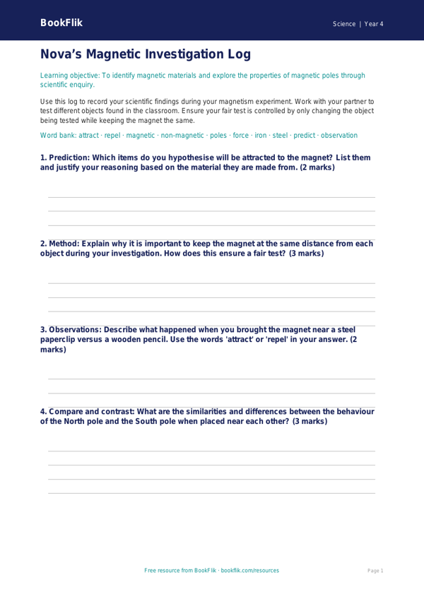 Free Magnets Template | Class 4 | Science | BookFlik worksheet preview — Science Magnets