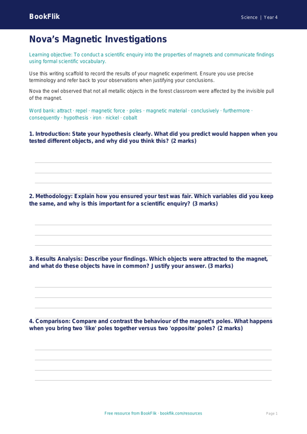 Free Magnets Writing Frame | Class 4 | Science | BookFlik worksheet preview — Science Magnets