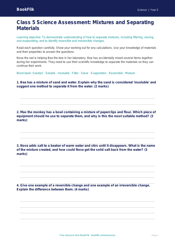 Free Mixtures Assessment | Class 5 | Science | BookFlik worksheet preview — Science Mixtures