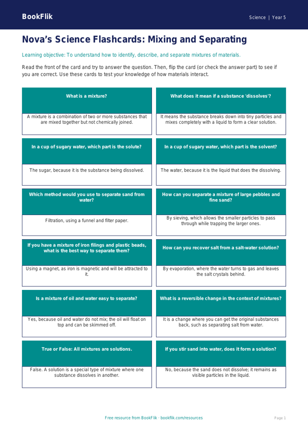 Free Mixtures Flashcards | Class 5 | Science | BookFlik worksheet preview — Science Mixtures