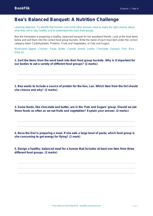 Free Nutrition Activity Sheet | Class 4 | Science | BookFlik worksheet preview — Science Nutrition