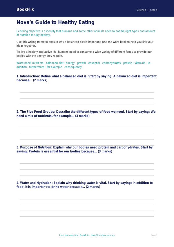 Free Nutrition Writing Frame | Class 4 | Science | BookFlik worksheet preview — Science Nutrition