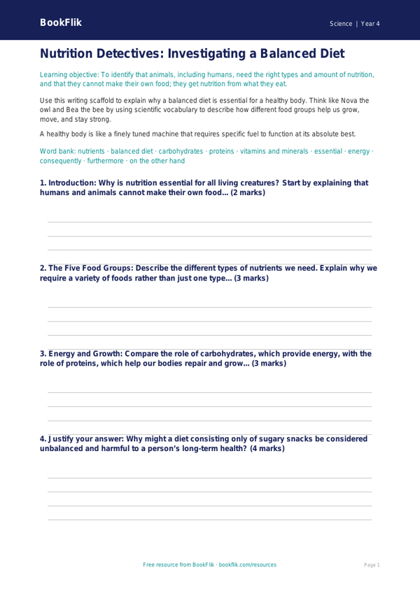 Free Nutrition Writing Frame | Class 4 | Science | BookFlik worksheet preview — Science Nutrition