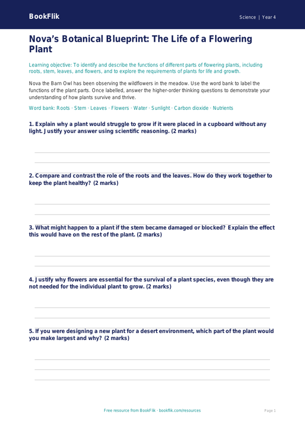 Free Plants Activity Sheet | Class 4 | Science | BookFlik worksheet preview — Science Plants