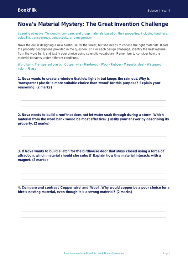Free Properties Of Materials Activity Sheet | Class 4 | Science | BookFlik worksheet preview — Science Properties Of Materials