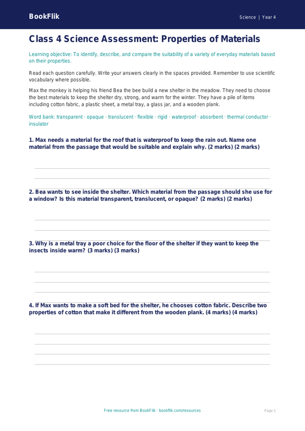 Free Properties Of Materials Assessment | Class 4 | Science | BookFlik worksheet preview — Science Properties Of Materials