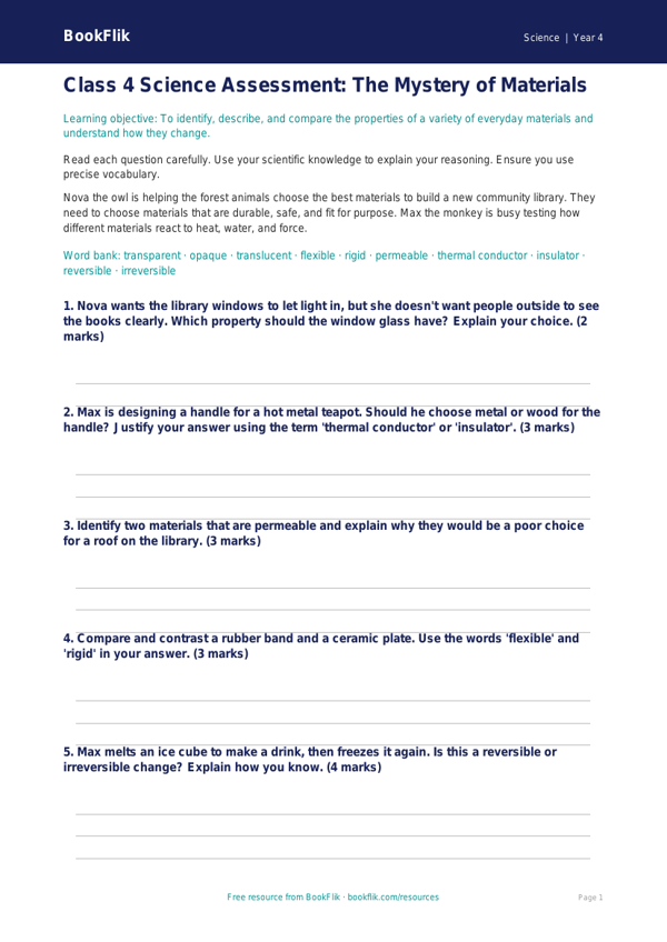 Free Properties Of Materials Assessment | Class 4 | Science | BookFlik worksheet preview — Science Properties Of Materials