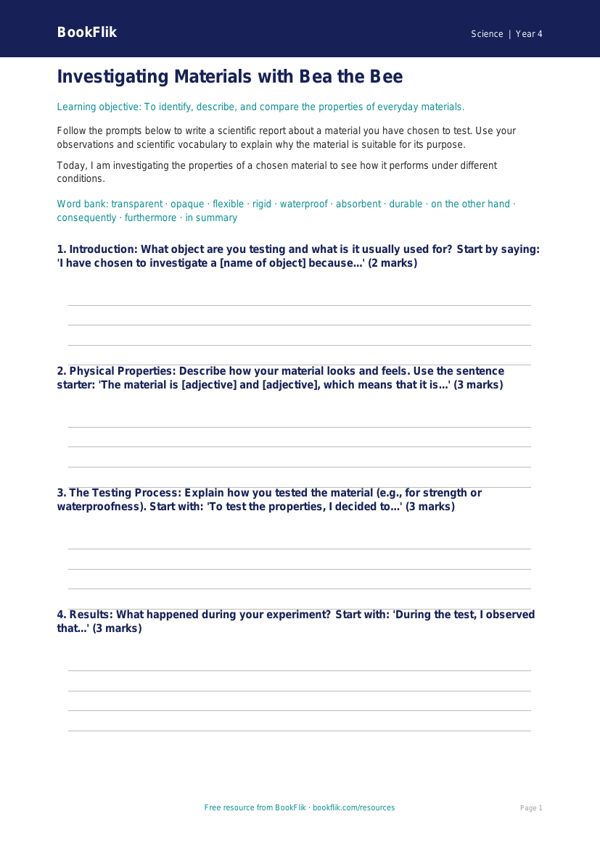 Science properties of materials writing frame class 4 core worksheet preview — Science Properties Of Materials