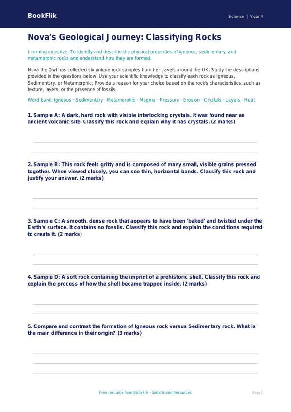 Free Rocks Activity Sheet | Class 4 | Science | BookFlik worksheet preview — Science Rocks