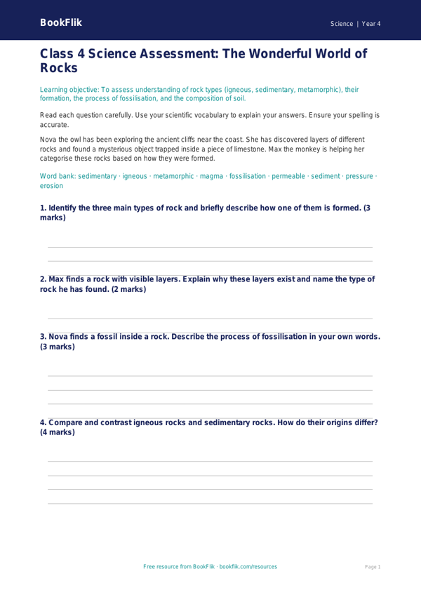 Free Rocks Assessment | Class 4 | Science | BookFlik worksheet preview — Science Rocks